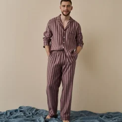 Linen Pajama Sets|Linen Pajamas>Piglet in Bed Men's d Linen Pajama Set Port & Woodrose Stripe