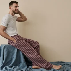 Linen Pajamas>Piglet in Bed Men's d Linen Pajama Pants Port & Woodrose Stripe