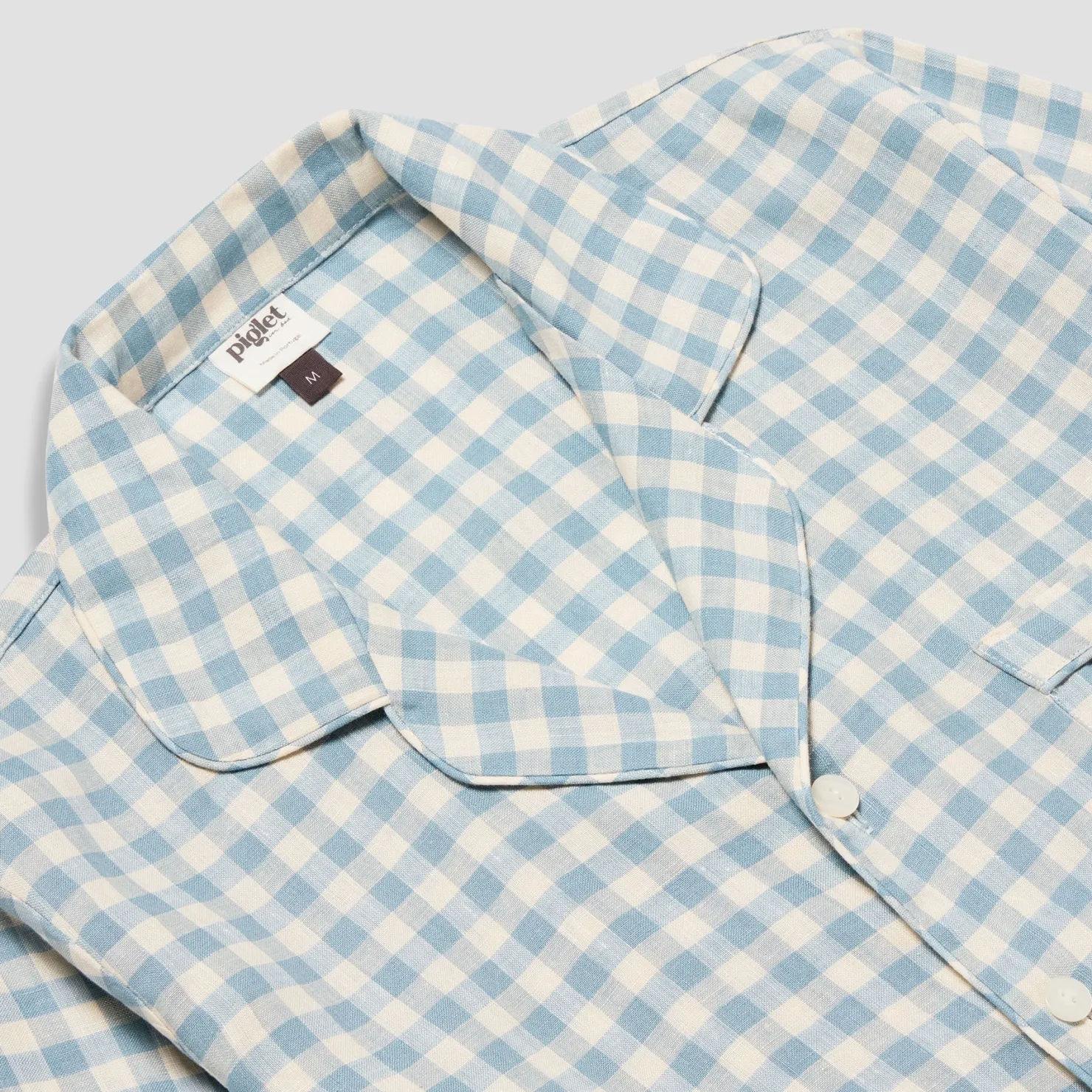 Linen Pajamas|Gingham Pajamas>Piglet in Bed Men's Linen Pajama Shirt Warm Blue Gingham