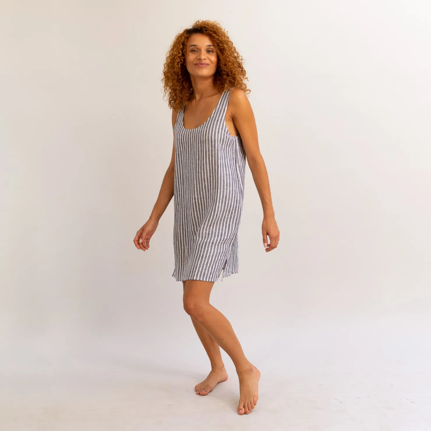Night Dresses|Linen Pajamas>Piglet in Bed Night Dress Midnight Stripe