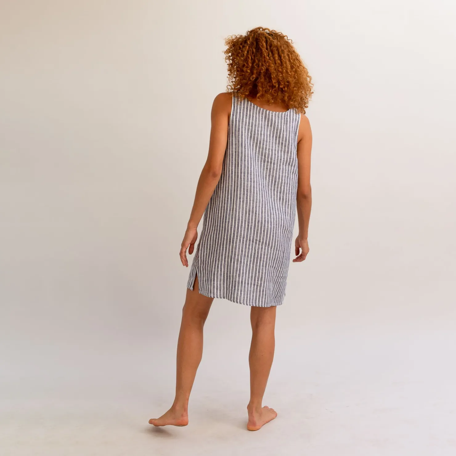 Night Dresses|Linen Pajamas>Piglet in Bed Night Dress Midnight Stripe