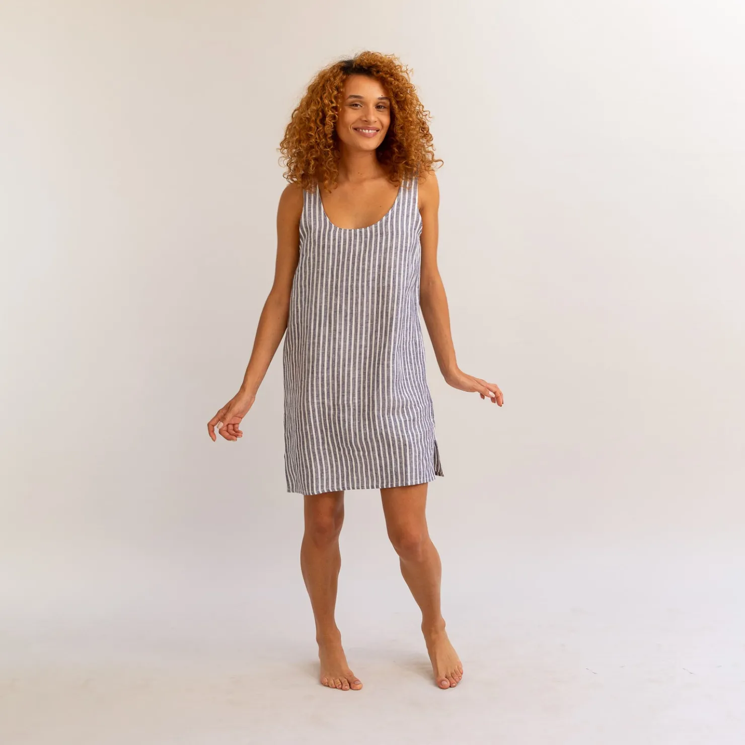 Night Dresses|Linen Pajamas>Piglet in Bed Night Dress Midnight Stripe