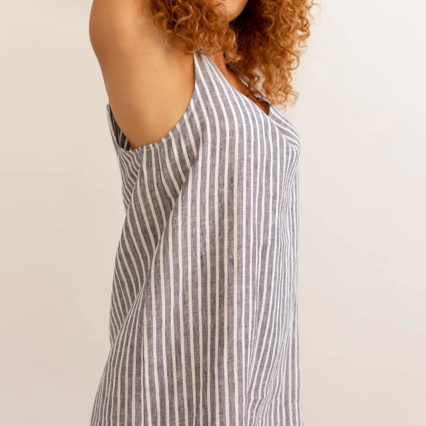 Night Dresses|Linen Pajamas>Piglet in Bed Night Dress Midnight Stripe