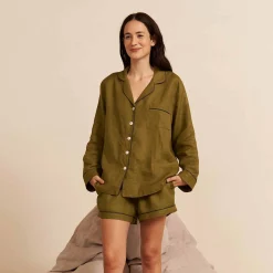 Pajama Sets|Linen Pajamas>Piglet in Bed Moss Plain Linen Pajama Shorts Set Moss Apples