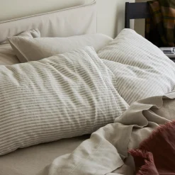 Striped Bedding|Linen Bedding>Piglet in Bed Linen Blend Pillowcase (Pair) Oatmeal Stripe