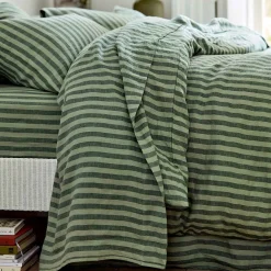 Striped Bedding|Linen Bedding>Piglet in Bed Linen Blend Flat Sheet Pine Green Pembroke Stripe