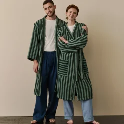 Robes|Robes>Piglet in Bed Cotton Robe Pine Green Pembroke Stripe