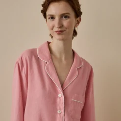 Linen Pajamas>Piglet in Bed Linen Pajama Shirt Pink Bloom