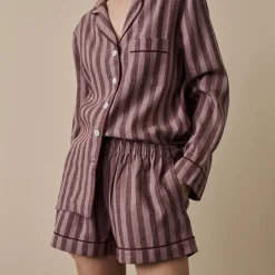 Linen Pajamas>Piglet in Bed d Linen Pajama Shorts Port & Woodrose Stripe