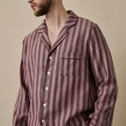 Linen Pajamas>Piglet in Bed Port Woodrose Striped Linen Tencel Men's Pajama Shirt Port & Woodrose Stripe