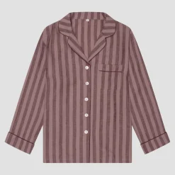 Linen Pajamas>Piglet in Bed Port Woodrose Striped Linen Tencel Men's Pajama Shirt Port & Woodrose Stripe