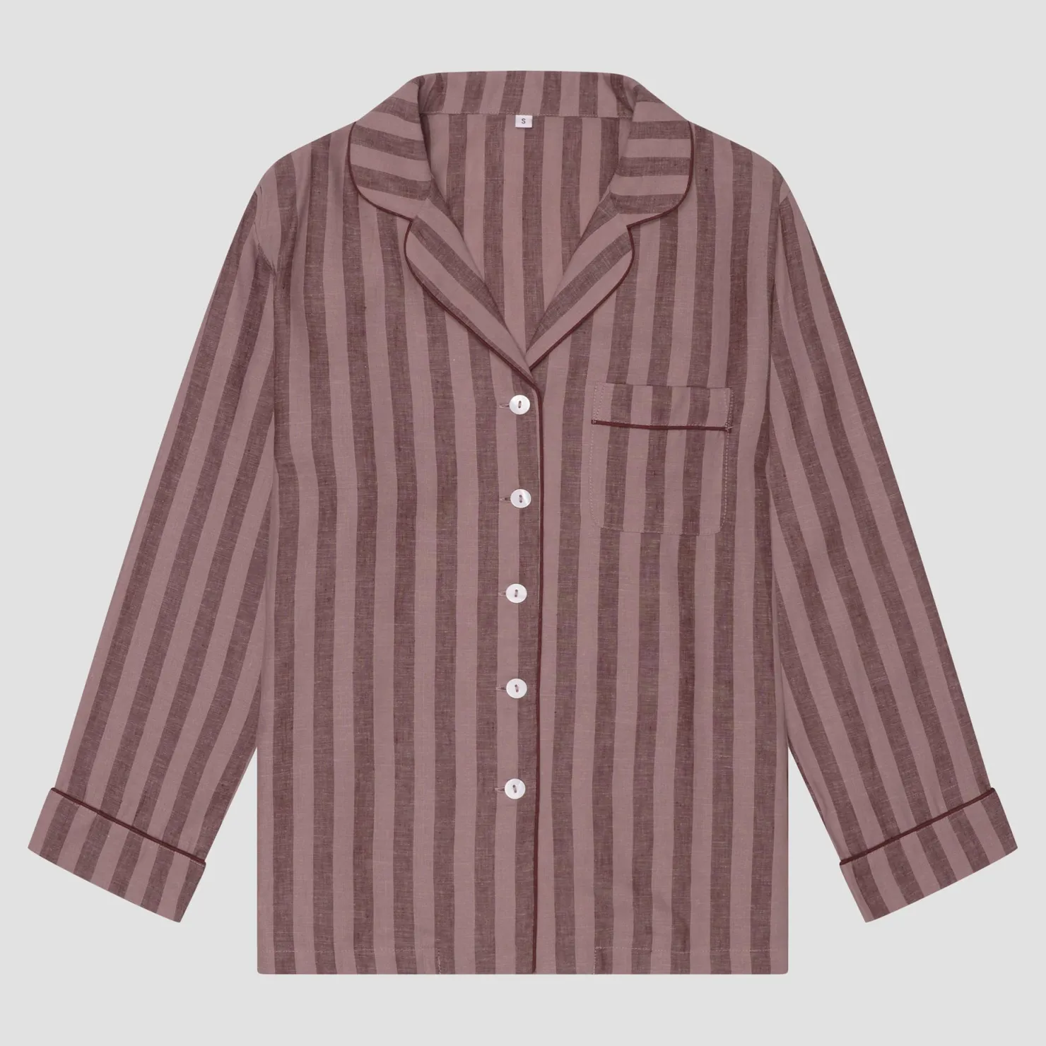 Linen Pajamas>Piglet in Bed Port Woodrose Striped Linen Tencel Men's Pajama Shirt Port & Woodrose Stripe