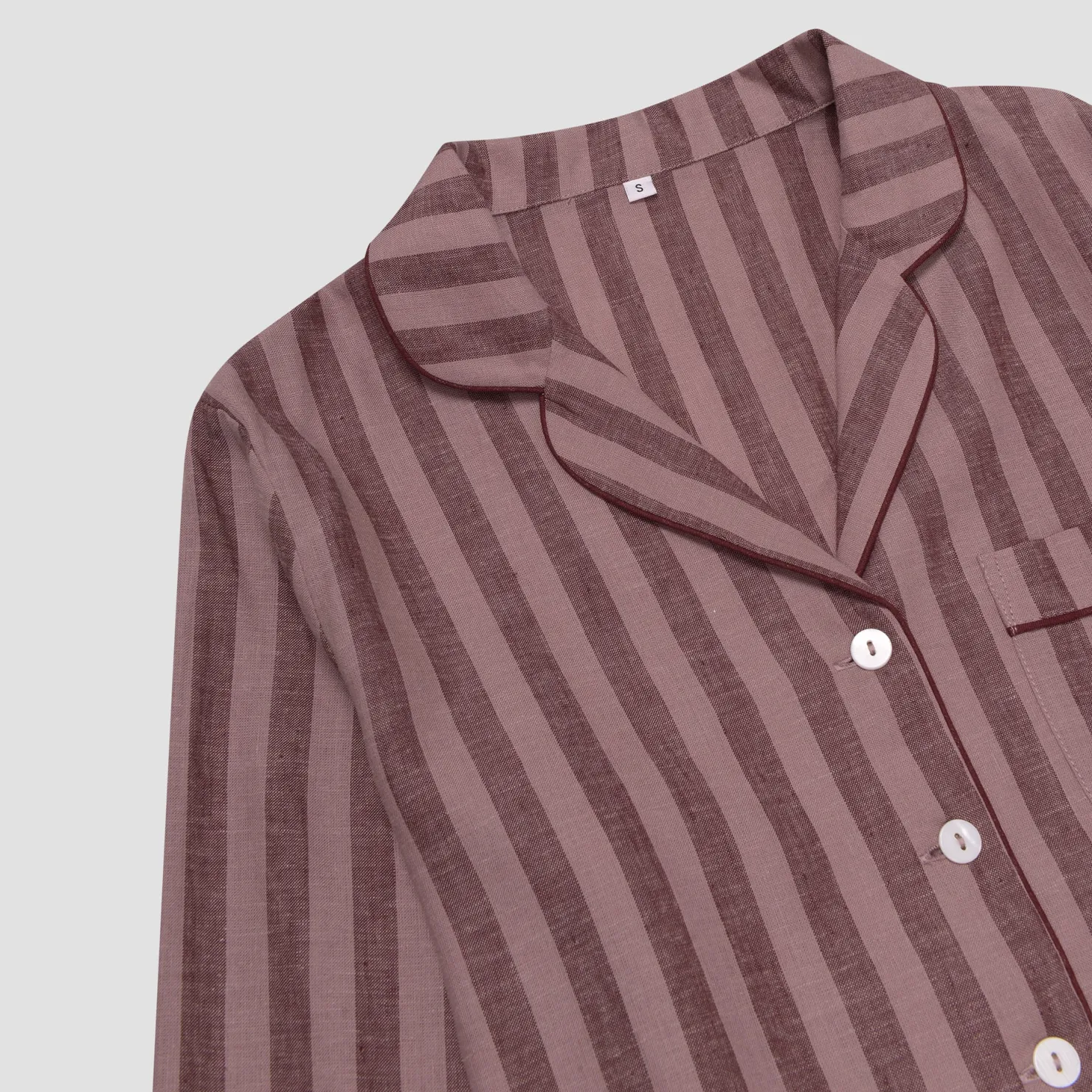 Linen Pajamas>Piglet in Bed Port Woodrose Striped Linen Tencel Men's Pajama Shirt Port & Woodrose Stripe