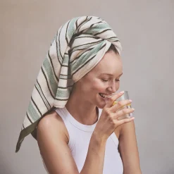 Striped Towels|Towels>Piglet in Bed Shoreham Stripe Cotton Towels Sage Botanical Green