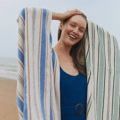 Striped Towels|Towels>Piglet in Bed Shoreham Stripe Cotton Towels Sage Botanical Green