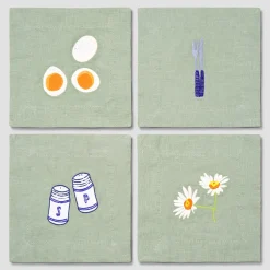 Table Linens>Piglet in Bed Embroidered Linen Coasters Set of 4 Sage Green