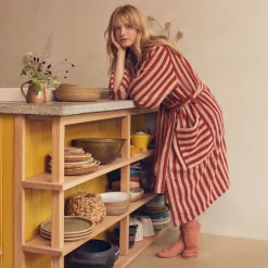 Accesssories|Robes>Piglet in Bed Cotton Robe Sandstone Red Pembroke Stripe