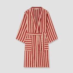 Accesssories|Robes>Piglet in Bed Cotton Robe Sandstone Red Pembroke Stripe