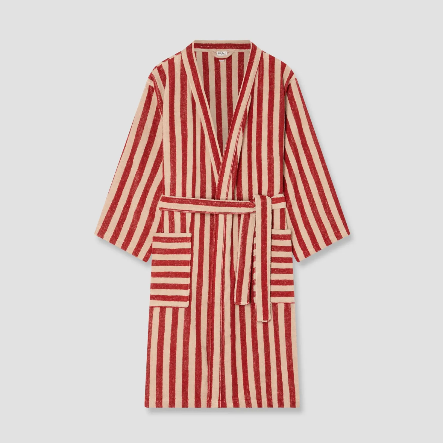 Accesssories|Robes>Piglet in Bed Cotton Robe Sandstone Red Pembroke Stripe
