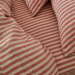Striped Bedding|Linen Bedding>Piglet in Bed Linen Blend Fitted Sheet Sandstone Red Pembroke Stripe