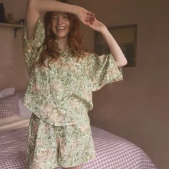 Pajama Sets|Linen Pajamas>Piglet in Bed Soft Sage Honeysuckle Linen Women’s Pajama Shorts Set Honeysuckle Soft Sage