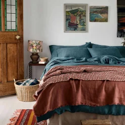 Linen Bedding|Duvet Covers>Piglet in Bed Linen Blend Duvet Cover Teal Waffle Chambray