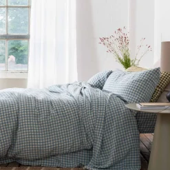 Gingham Bedding|Linen Bedding>Piglet in Bed 100% Linen Duvet Cover Warm Blue Gingham