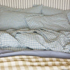Gingham Bedding|Linen Bedding>Piglet in Bed Linen Blend Pillowcase (Pair) Warm Blue Gingham