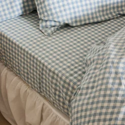 Gingham Bedding|Linen Bedding>Piglet in Bed Linen Blend Fitted Sheet Warm Blue Gingham