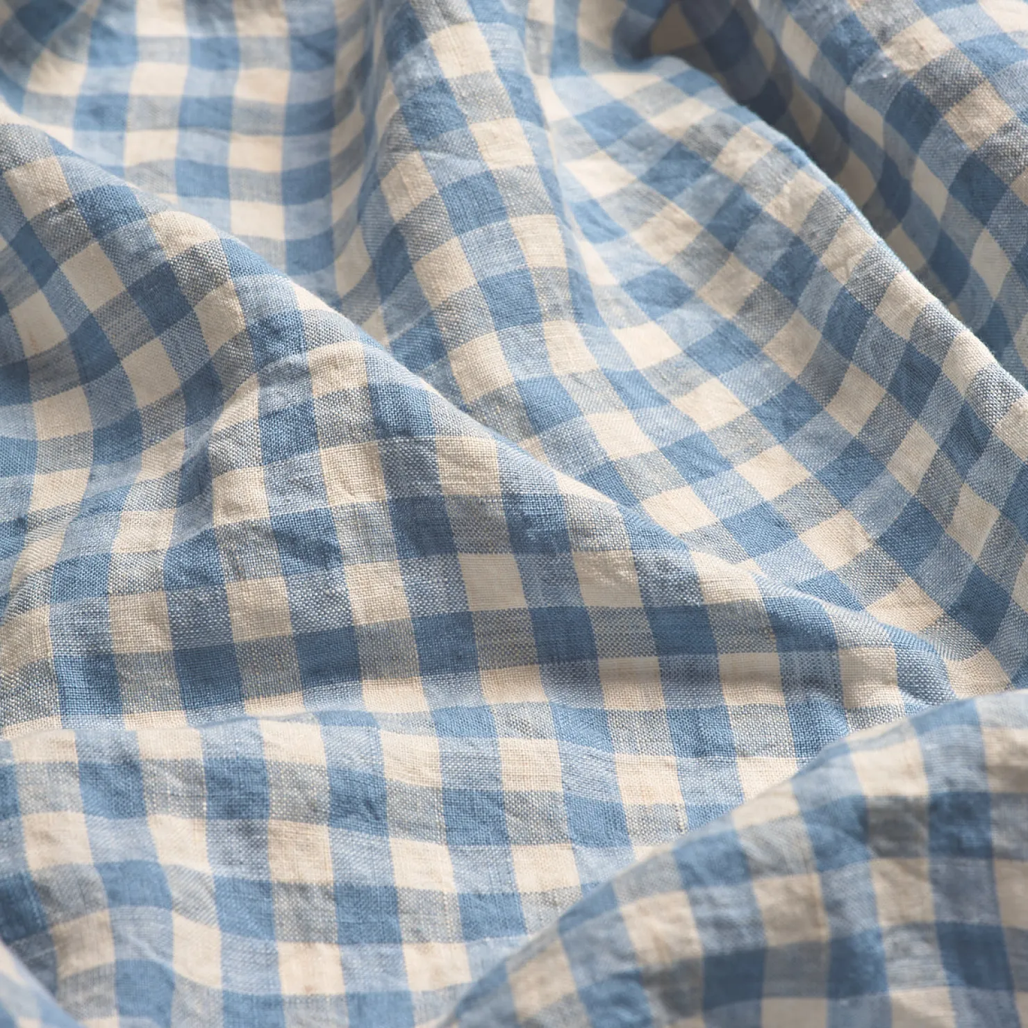 Gingham Bedding|Linen Bedding>Piglet in Bed Linen Blend Fitted Sheet Warm Blue Gingham