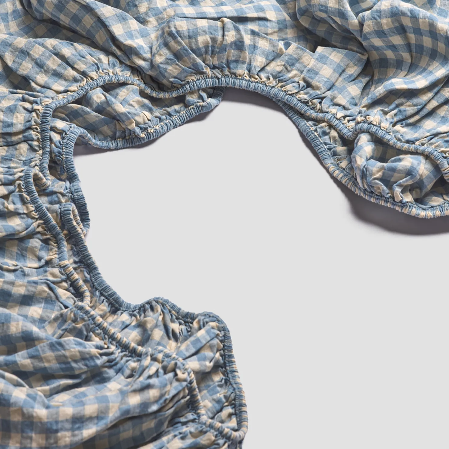 Gingham Bedding|Linen Bedding>Piglet in Bed Linen Blend Fitted Sheet Warm Blue Gingham