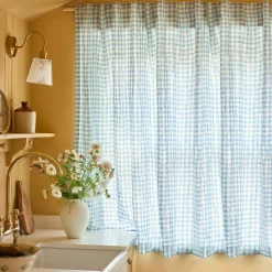 Curtains>Piglet in Bed Linen Blend Curtains (Pair) Warm Blue Gingham