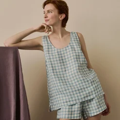 Linen Pajamas|Gingham Pajamas>Piglet in Bed Linen Cami Set Warm Blue Gingham