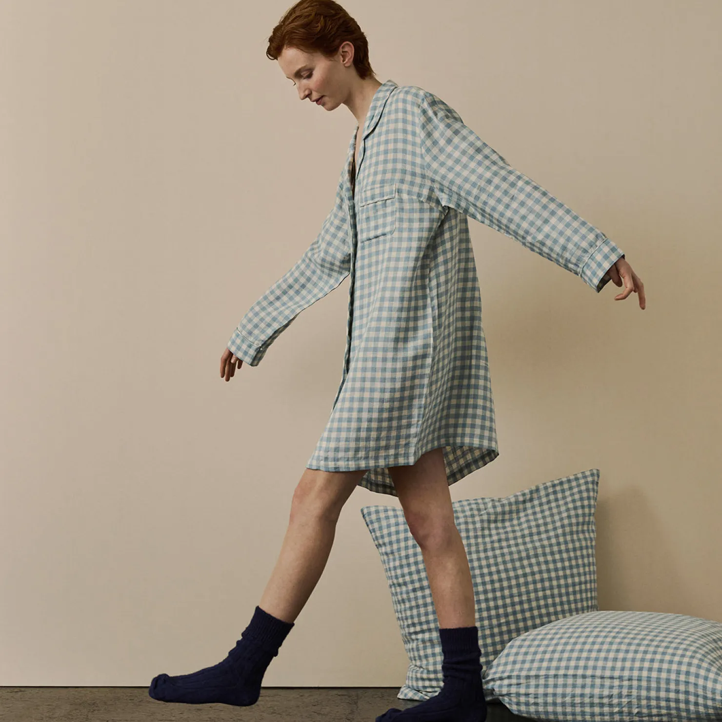 Night Dresses|Gingham Pajamas>Piglet in Bed Linen Night Shirt Warm Blue Gingham
