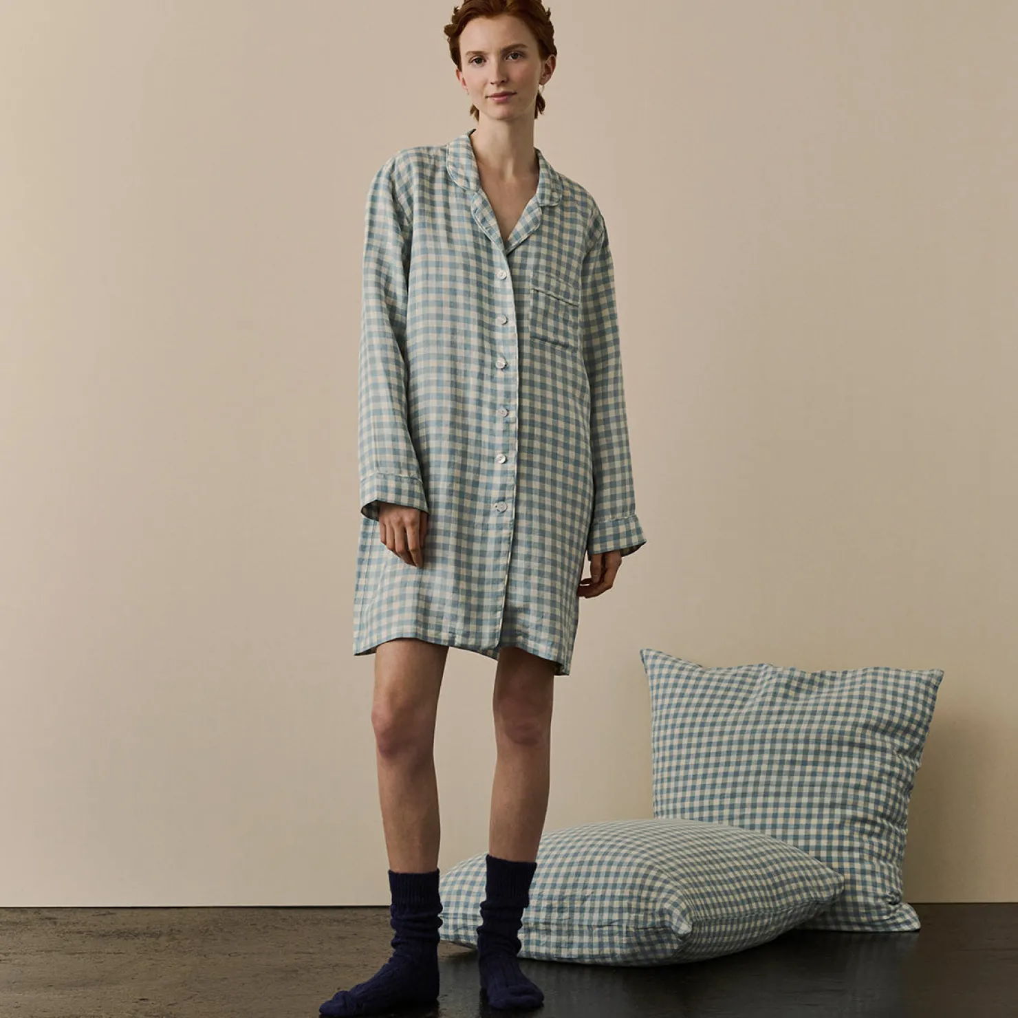 Night Dresses|Gingham Pajamas>Piglet in Bed Linen Night Shirt Warm Blue Gingham