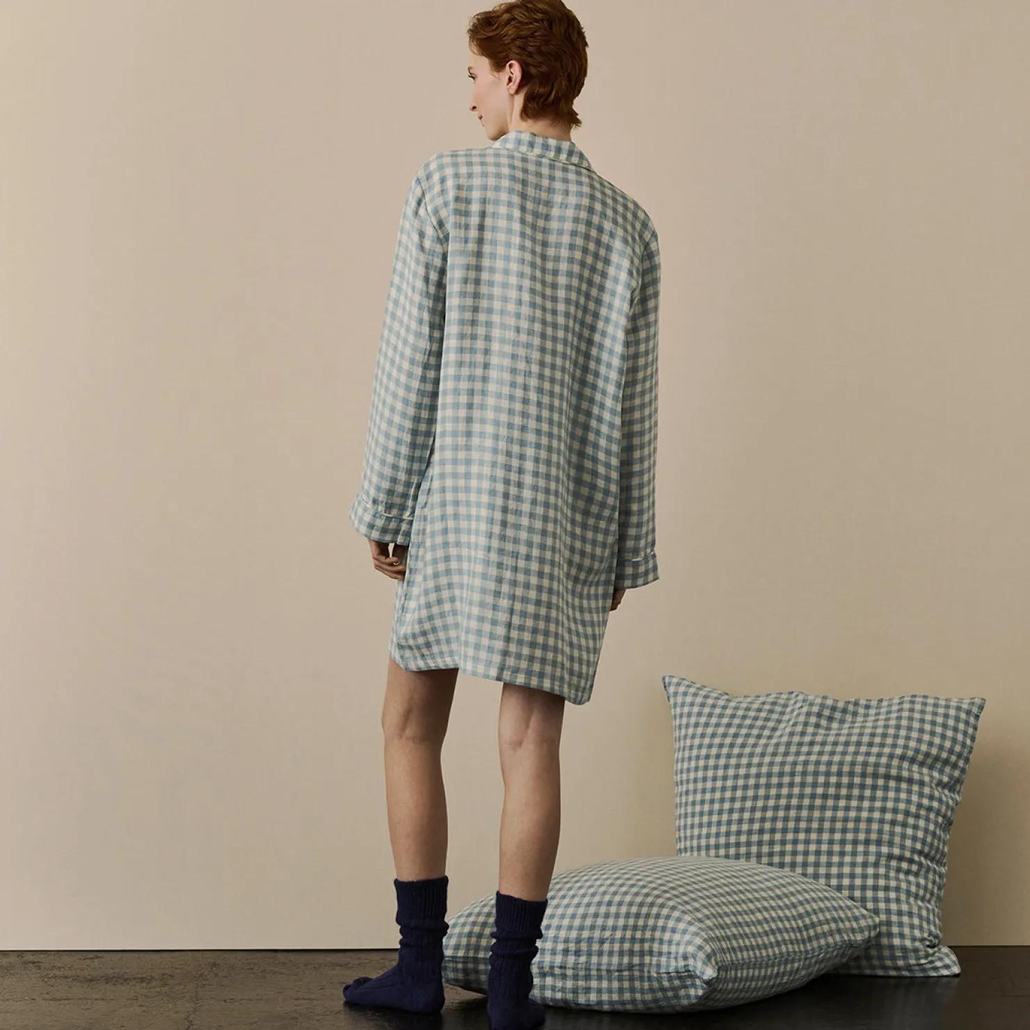 Night Dresses|Gingham Pajamas>Piglet in Bed Linen Night Shirt Warm Blue Gingham