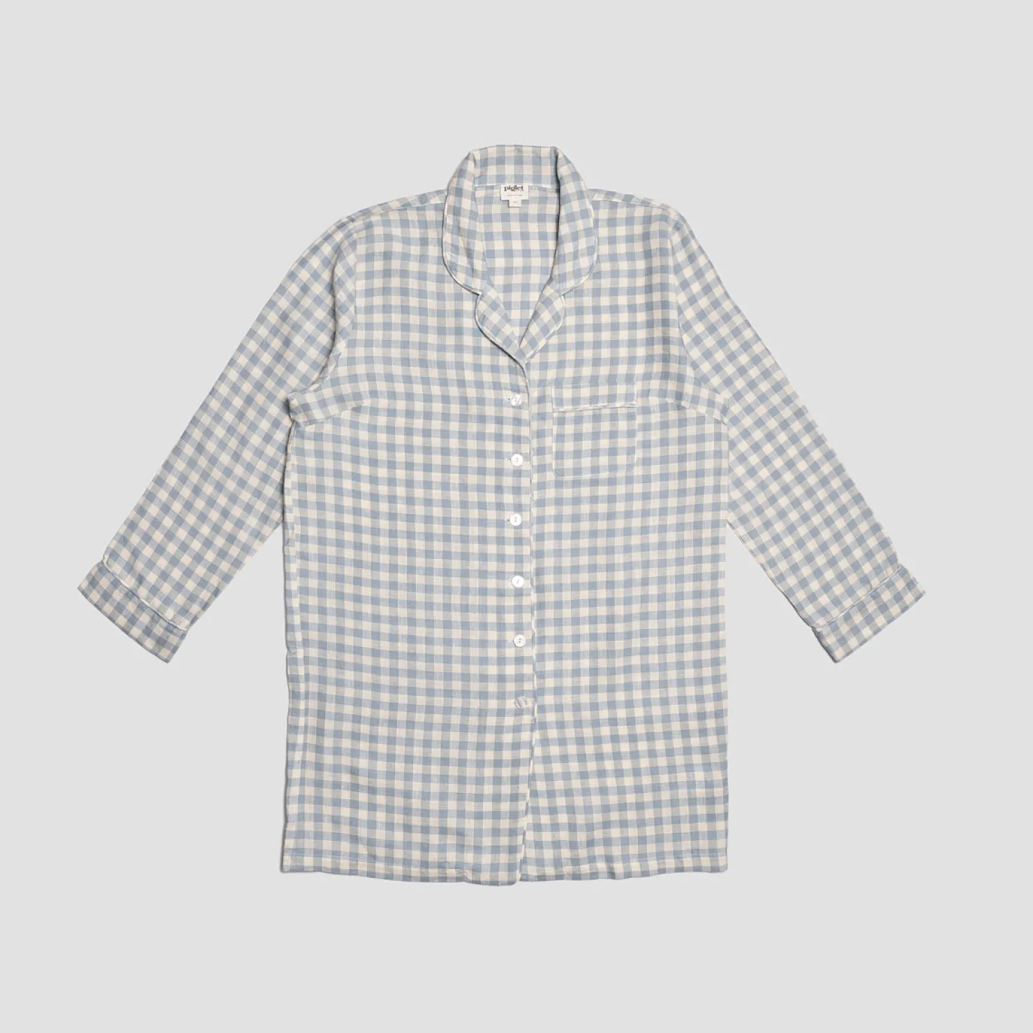 Night Dresses|Gingham Pajamas>Piglet in Bed Linen Night Shirt Warm Blue Gingham