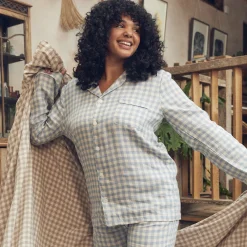 Linen Pajamas|Gingham Pajamas>Piglet in Bed Linen Pajama Shirt (Top Only) Warm Blue Gingham