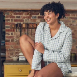 Linen Pajamas|Gingham Pajamas>Piglet in Bed Linen Pajama Shorts Warm Blue Gingham