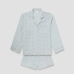 Pajama Sets|Linen Pajamas>Piglet in Bed Linen Pajama Shorts Set Warm Blue Gingham