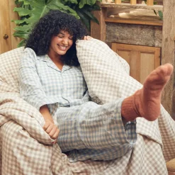 Linen Pajamas|Gingham Pajamas>Piglet in Bed Linen Pajama pants Warm Blue Gingham