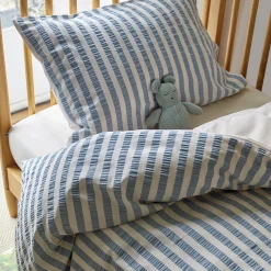 Striped Bedding|Kids Bedding>Piglet in Bed Warm Blue Seersucker Kids Stripe Cotton Bedding Set Warm Blue Stripe