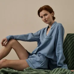 Pajama Sets|Linen Pajamas>Piglet in Bed Linen Pajama Shorts Set Wave Blue